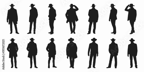 A collection of twelve individual silhouettes of men wearing stylish hats and formal winter coats isolated on white background, Vector, illustration