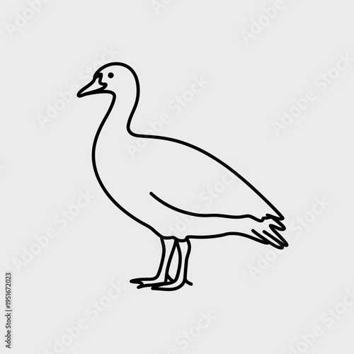 A simple black and white line art illustration of a standing goose facing towards the left side isolated on white background, Vector, illustration