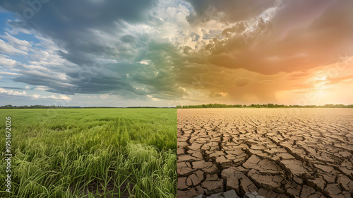 Climate change split landscape green field versus dry cracked soil global warming concept