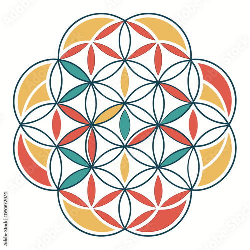 Vector flower of life mandala with colorful geometric shapes