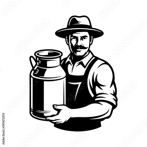 A black and white vector illustration of a mustachioed milkman in a hat and apron, holding a large metal milk can. A classic mascot for dairy farms and milk delivery.