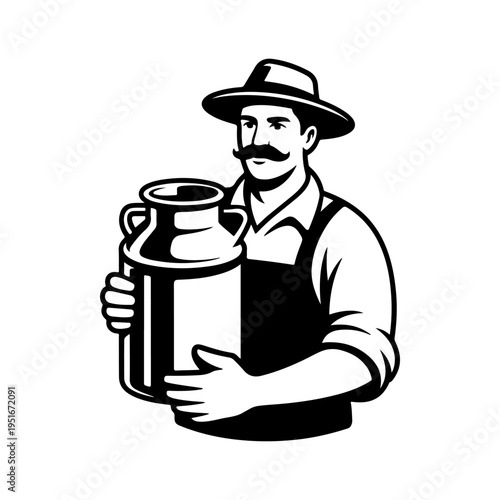 A black and white vector illustration of a mustachioed milkman in a hat and apron, holding a large metal milk can. A classic mascot for dairy farms and milk delivery.