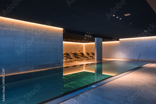 Sleek indoor spa pool glows with warm indirect lighting, smooth concrete walls, and a row of cushioned lounge chairs in a luxury Dolomites hotel at evening light.