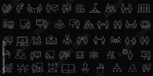 Capacity building line editable icon set. Contain icons related to training, skill, knowledge, growth, seminar, networking, leadership, and more. Editable stroke. Vector illustration