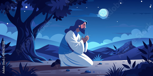 Jesus kneeling in the Garden of Gethsemane under a starry night sky, his face illuminated by the moonlight. He prays earnestly, with the silhouette of olive trees surrounding him.