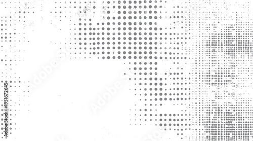 Grey circles of varying sizes arranged in a pattern with distressed texture on a white background dots