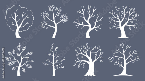 Collection of eight stylized white trees with varied branches and leaf shapes on a dark blue background