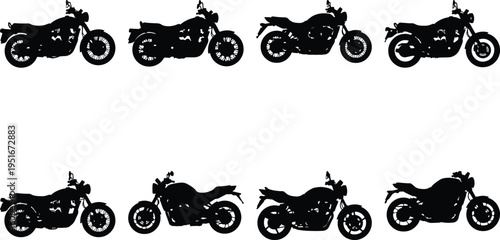 Collection of eight black motorcycle silhouettes on a white background, diverse styles