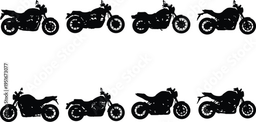 Eight unique black motorcycle silhouettes displayed on a clean white background, vector art