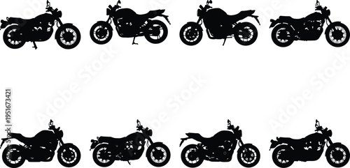 Eight distinct black motorcycle silhouettes against a white backdrop, vector graphics