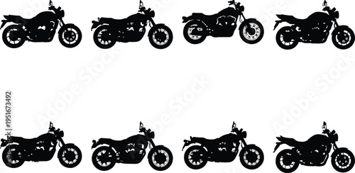Group of eight black motorcycle silhouettes isolated on a white background, diverse models