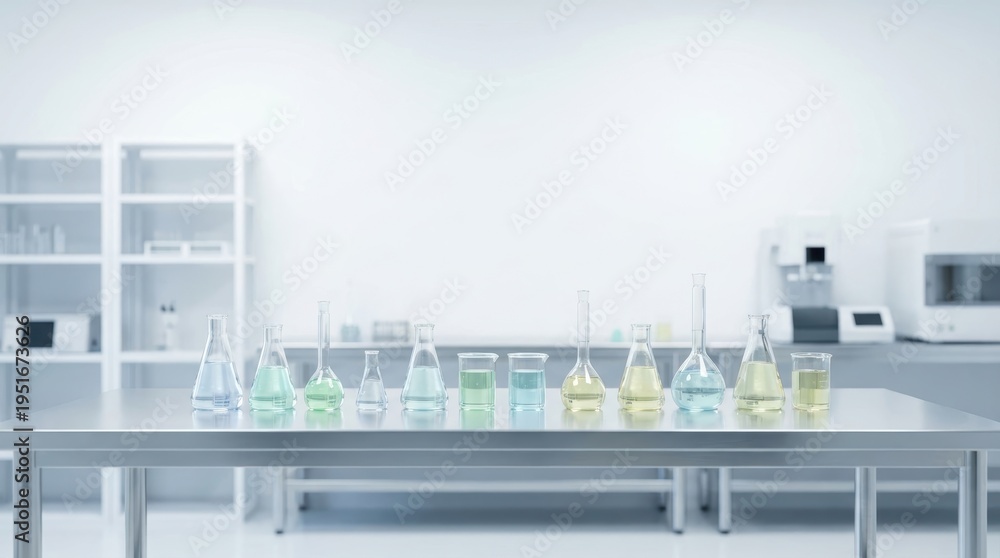 Fototapeta premium Various laboratory glassware filled with clear blue green and yellow liquids line a metallic table A clean modern