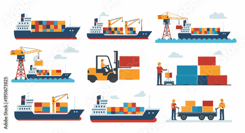 Cargo Shipping and Maritime Logistics Vector Illustration Set