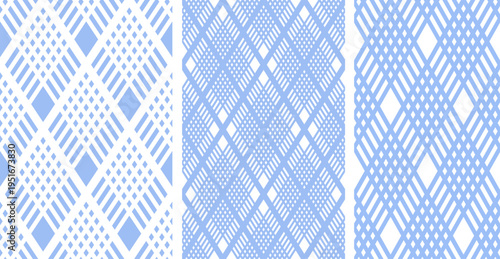 Set of Seamless Geometric Diamonds Patterns. Light Blue Textures.