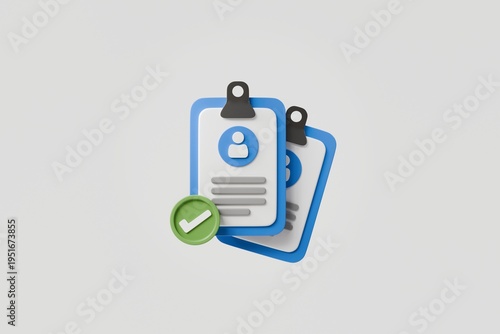 3d approved profile clipboard icon. identity verification concept. minimal cartoon user document check mark for onboarding app. isolated on white transparent background. 3d render.