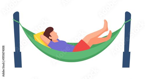 Man Relaxing in Green Hammock Flat Vector Illustration