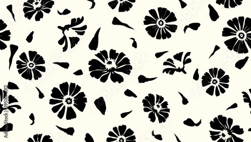 Modern black and cream minimalist seamless wallpaper with falling Zinnia meteor flower