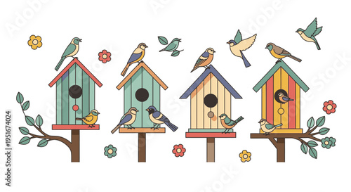 Birdhouse Vector Illustration with Songbirds and Garden Flowers