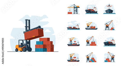 Cargo Shipping and Logistics Icons with Forklift and Port Cranes