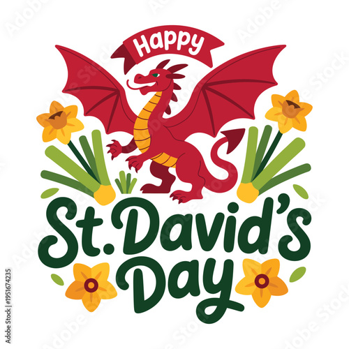 A colorful illustration celebrating St. David's Day with a dragon