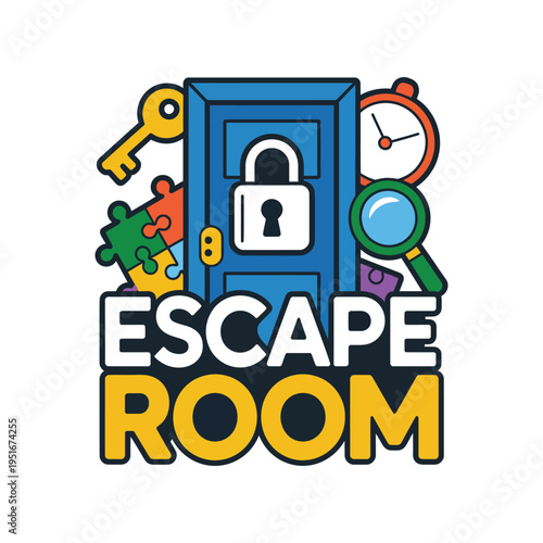 A colorful illustration of an escape room logo with various objects