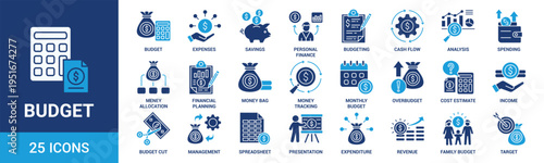 Budget icon set. Containing expenses, savings, personal finance, budgeting, cash flow, analysis, spending and more. Solid vector icons collection.