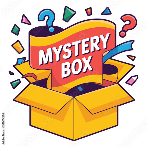 A colorful cartoon illustration of a mystery box with confetti