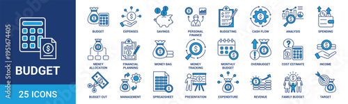 Budget icon set. Containing expenses, savings, personal finance, budgeting, cash flow, analysis, spending and more. Blue vector icons collection.