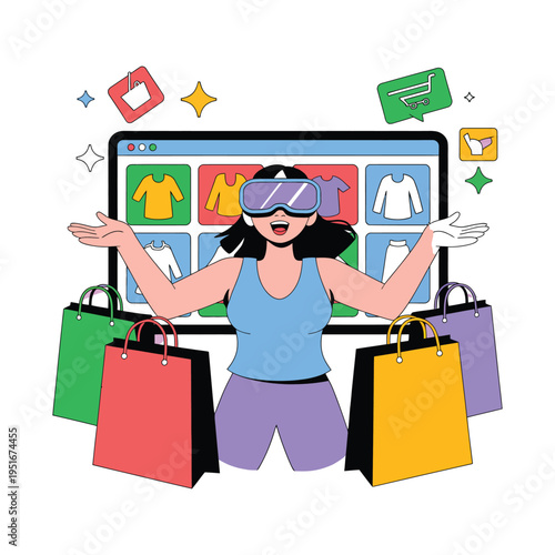 A woman wearing virtual reality goggles and holding shopping bags in front of a computer screen with colorful clothing images.