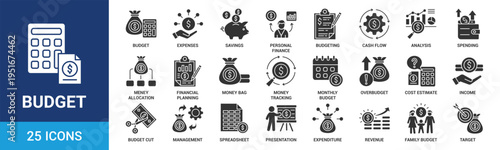 Budget icon set. Containing expenses, savings, personal finance, budgeting, cash flow, analysis, spending and more. Glyph vector icons collection.