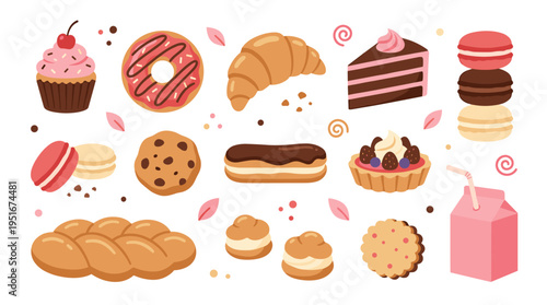 Set of delicious bakery items and sweet desserts