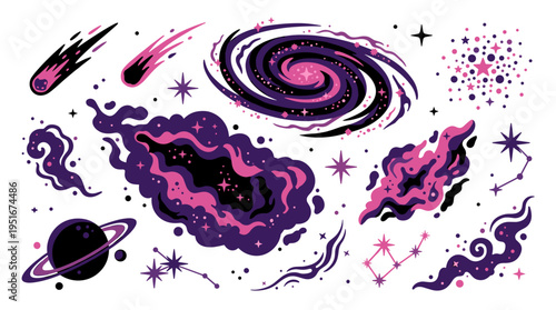Cosmic Space Elements Set with Galaxies Planets and Stars in Pixel Art Style