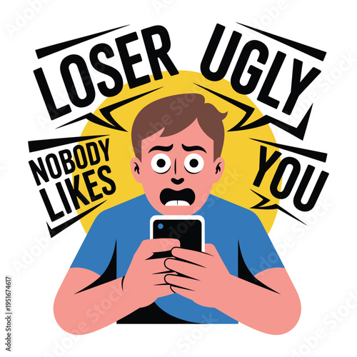 A man looks shocked and upset while reading hurtful messages on his phone