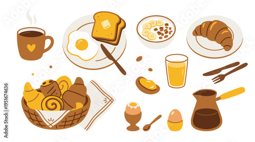 Set of breakfast food items with coffee bread and eggs