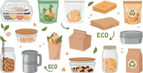 Eco Friendly Food Packaging and Sustainable Storage Illustration Set with Reusable Containers, Glass Jars, Paper Bags and Zero Waste Materials