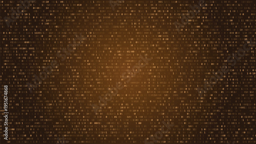 Binary code background with glowing yellow digital data stream flowing in random pattern across dark screen