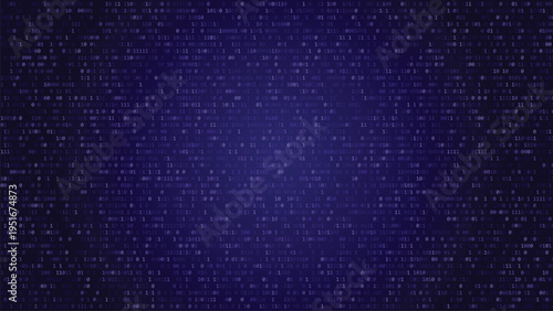 Digital binary code background with purple hue and data visualization elements for technology and coding concepts