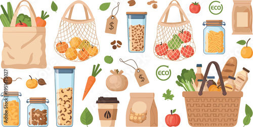 Zero Waste Grocery Shopping and Eco Friendly Food Storage Illustration Set with Reusable Bags, Glass Jars, Bulk Foods and Sustainable Market Elements