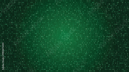 Green binary code matrix background with digital numbers and data visualization