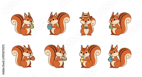 Squirrel Character Collection Drinking Various Beverages on White