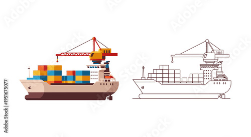 Cargo ship vessel with containers and crane vector illustration