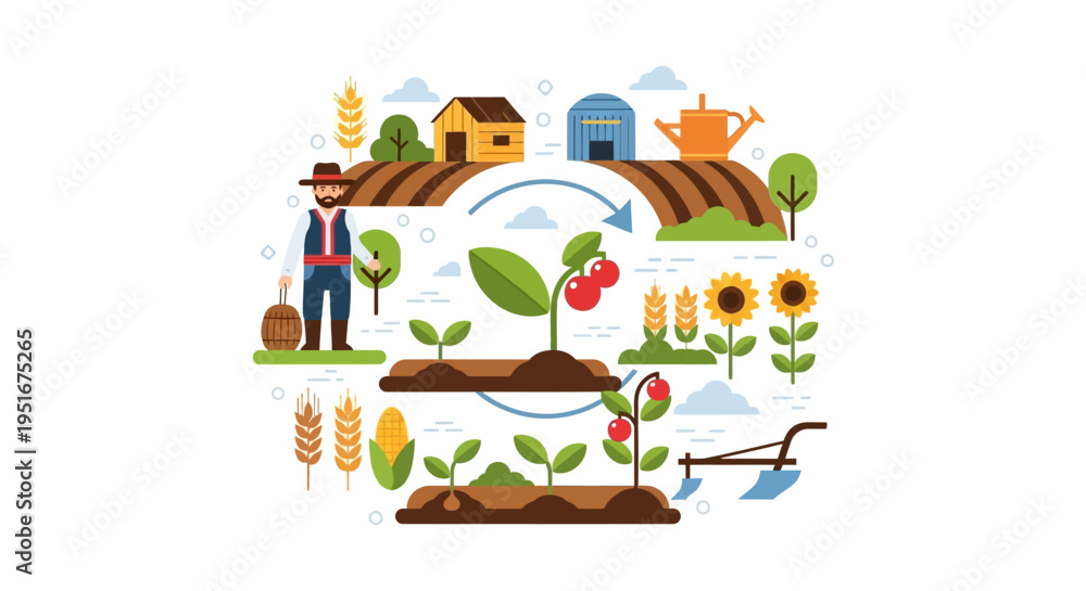 Fototapeta premium Farm Life and Agriculture Cycle Diagram. Flat Vector Illustration of Farmer, Crop Growth Stages, Rural Landscape, and Sustainable Farming Process.