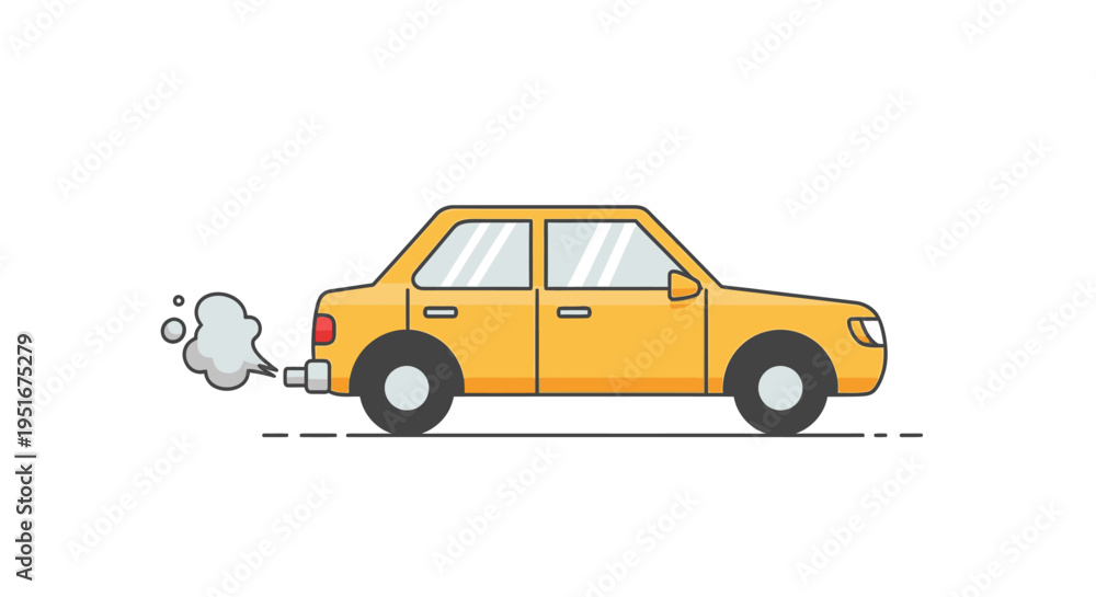 Fototapeta premium Yellow Car Illustration with Exhaust Smoke on White Background