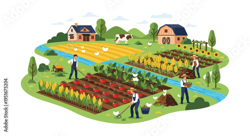 Agriculture Farm Scene Illustration. Farmers harvesting various crops (corn, tomatoes, wheat) with barn and livestock in a rural landscape.