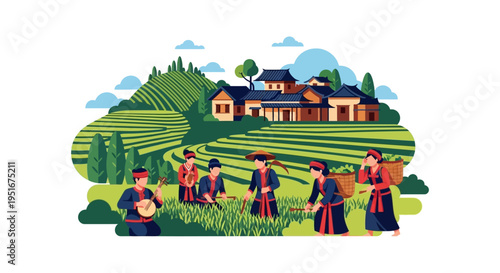 Asian Ethnic Farmers Working in Lush Rice Terrace Fields. Traditional Village Landscape, Agriculture, and Harvest Vector Art.