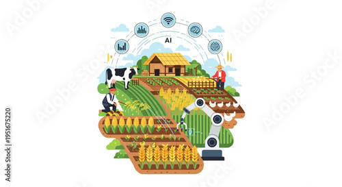 Smart Farming AI and Robotics Concept. Modern Agriculture Technology Illustration with Automated Crop Management, IoT Data, and Future Farm Automation.