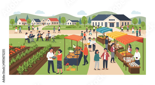 Community Farmer's Market Illustration with Local Vendors, Shoppers, Live Music, Fresh Produce Stalls, and Residential Backdrop.