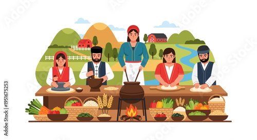 Traditional Folk Cooking Scene. Rural Family Preparing Fresh Food, Kneading Dough, Grinding Grain, and Making Stew over an Open Fire.