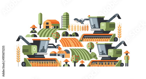 Agriculture Harvesting Scene: Modern Flat Design Illustration of Combine Harvesters, Farm Workers, and Grain Fields