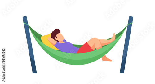Man Relaxing in Green Hammock Isolated on White Vector Illustration